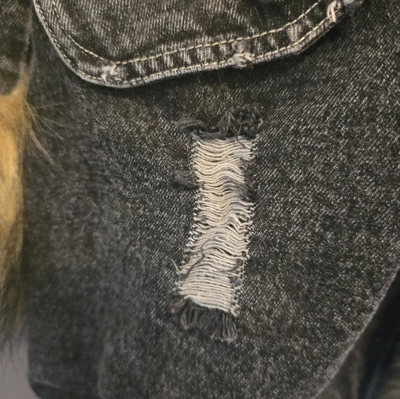 Women's Long Hooded Parka Faux Fur  Distressed Black Denim Statement Jacket - Picture 6 of 15